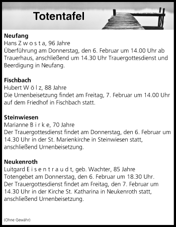 Anzeige von Totentafel vom 05.02.2020 von MGO