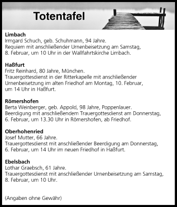 Anzeige von Totentafel vom 06.02.2020 von MGO
