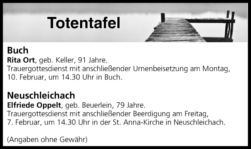  Traueranzeige für Totentafel vom 07.02.2020 vom 07.02.2020 aus MGO