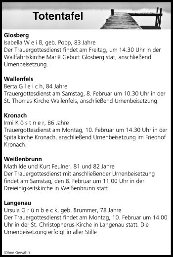 Anzeige von Totentafel vom 07.02.2020 von MGO