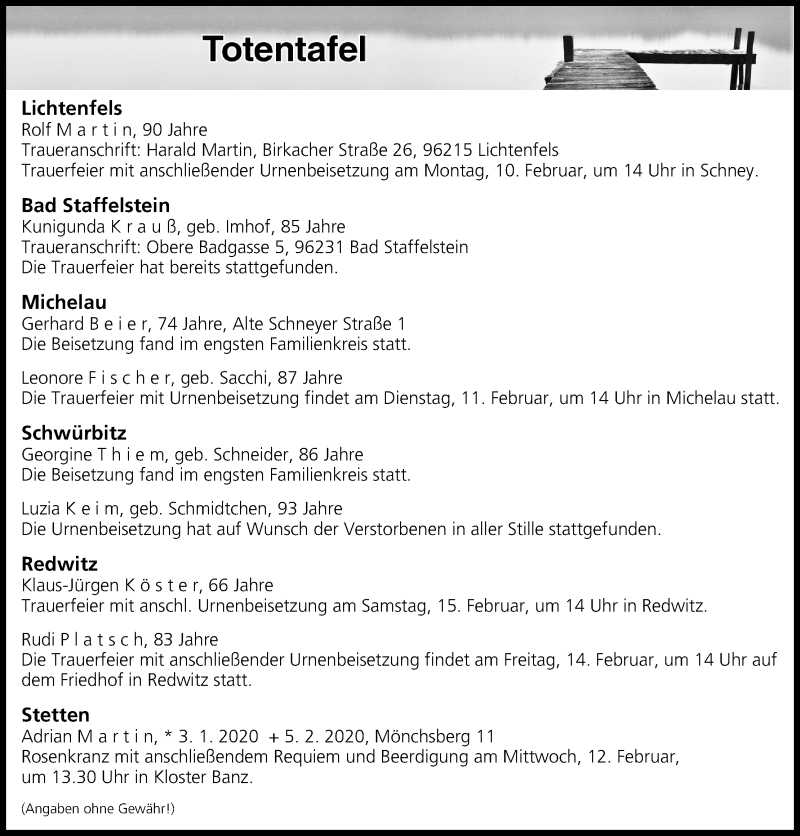  Traueranzeige für Totentafel vom 11.02.2020 vom 11.02.2020 aus MGO