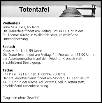 Anzeige von Totentafel vom 13.02.2020 von MGO