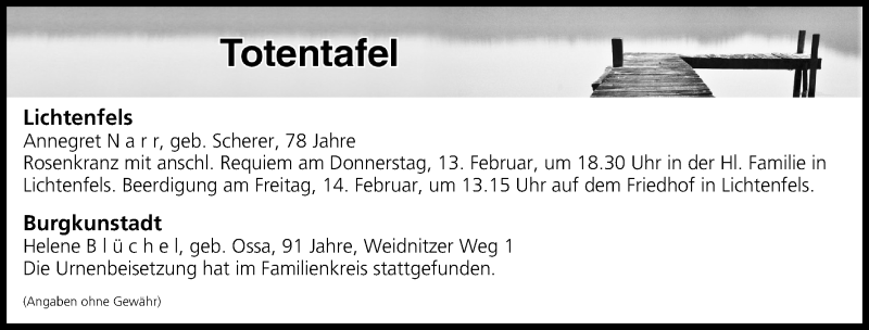  Traueranzeige für Totentafel vom 13.02.2020 vom 13.02.2020 aus MGO