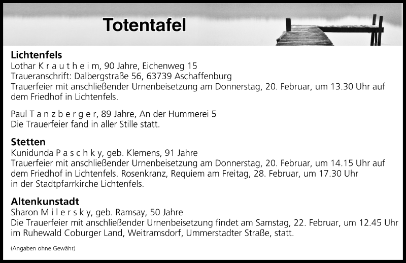  Traueranzeige für Totentafel vom 18.02.2020 vom 18.02.2020 aus MGO