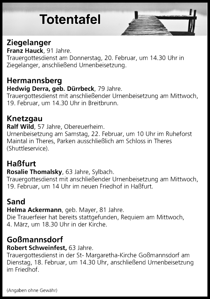  Traueranzeige für Totentafel vom 18.02.2020 vom 18.02.2020 aus MGO