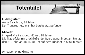 Anzeige von Totentafel vom 21.02.2020 von MGO