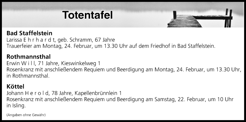  Traueranzeige für Totentafel vom 22.02.2020 vom 22.02.2020 aus MGO