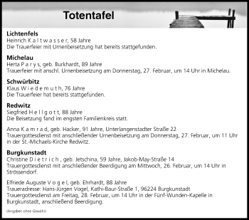 Anzeige von Totentafel vom 26.02.2020 von MGO