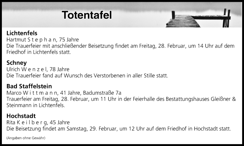  Traueranzeige für Totentafel vom 27.02.2020 vom 27.02.2020 aus MGO