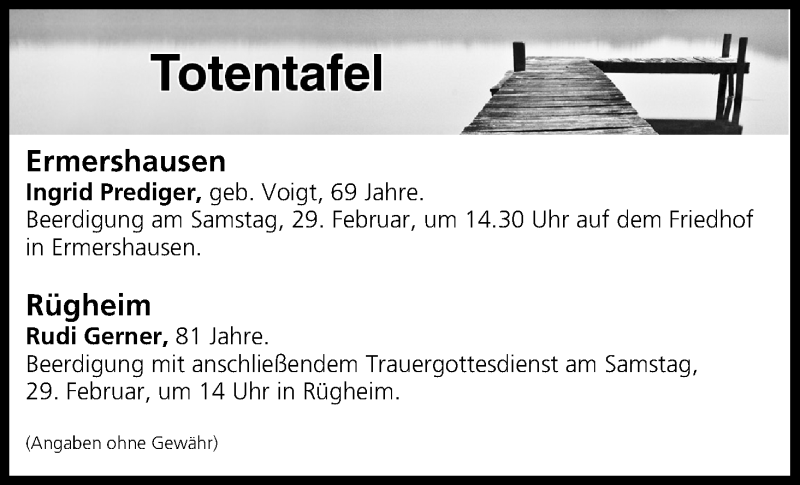  Traueranzeige für Totentafel vom 28.02.2020 vom 28.02.2020 aus MGO