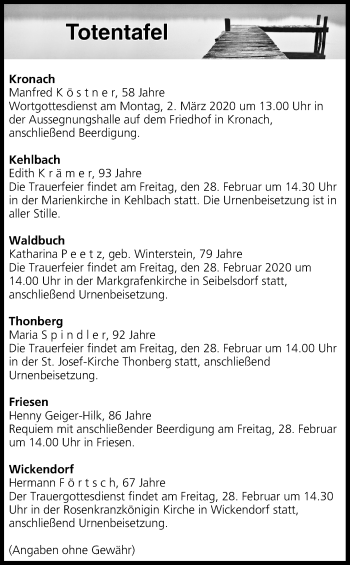 Anzeige von Totentafel vom 28.02.2020 von MGO
