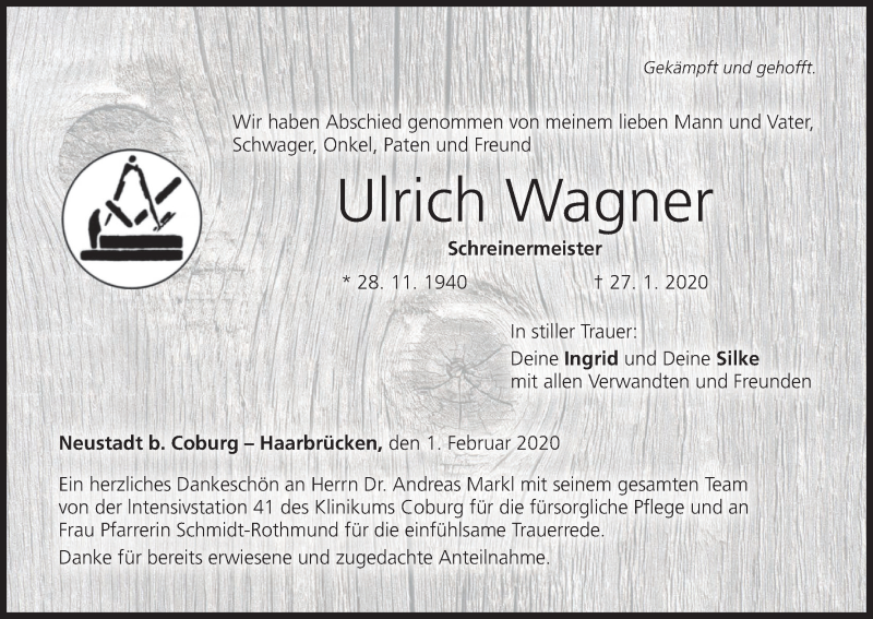  Traueranzeige für Ulrich Wagner vom 01.02.2020 aus MGO