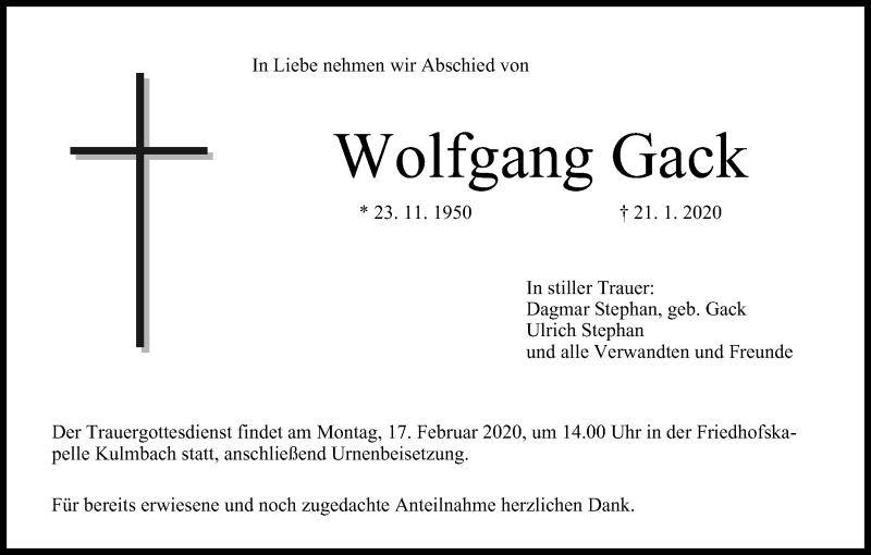 Traueranzeige für Wolfgang Gack vom 14.02.2020 aus MGO