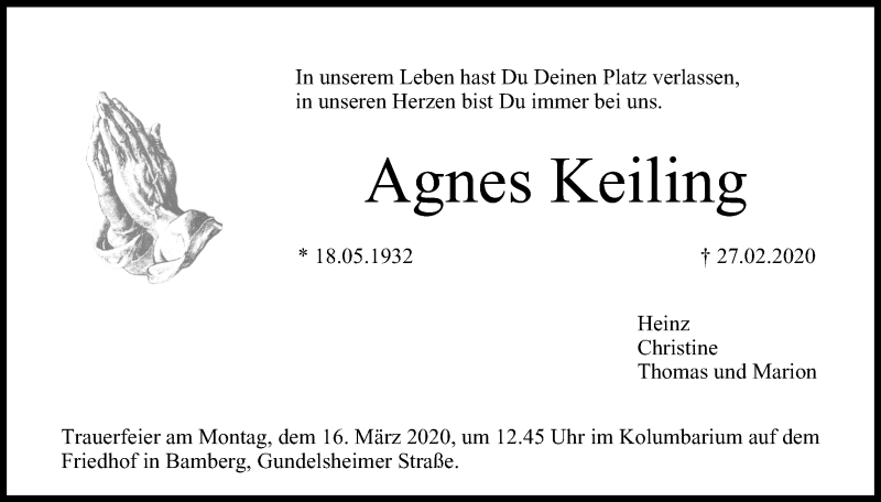  Traueranzeige für Agnes Keiling vom 14.03.2020 aus MGO