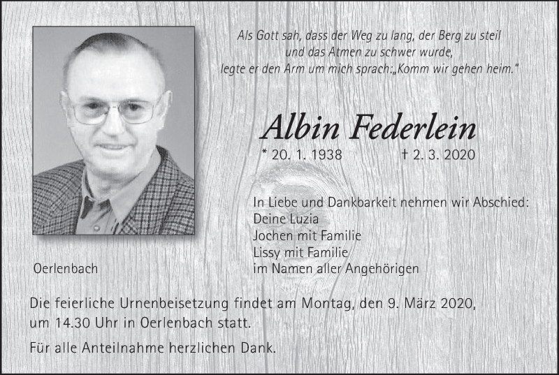  Traueranzeige für Albin Federlein vom 07.03.2020 aus MGO