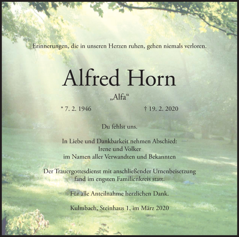  Traueranzeige für Alfred Horn vom 21.03.2020 aus MGO
