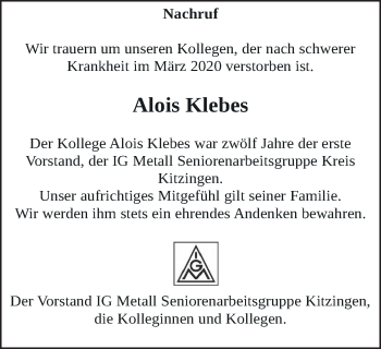Anzeige von Alois Klebes von MGO