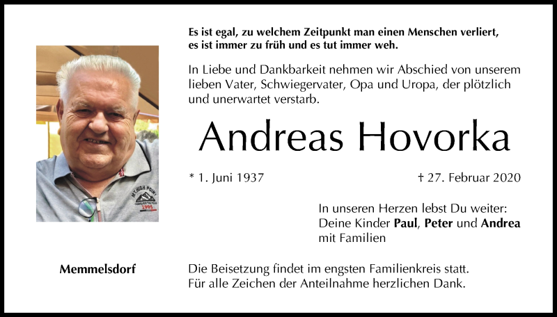 Traueranzeige für Andreas Hovorka vom 02.03.2020 aus MGO