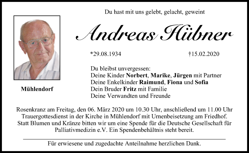  Traueranzeige für Andreas Hübner vom 29.02.2020 aus MGO