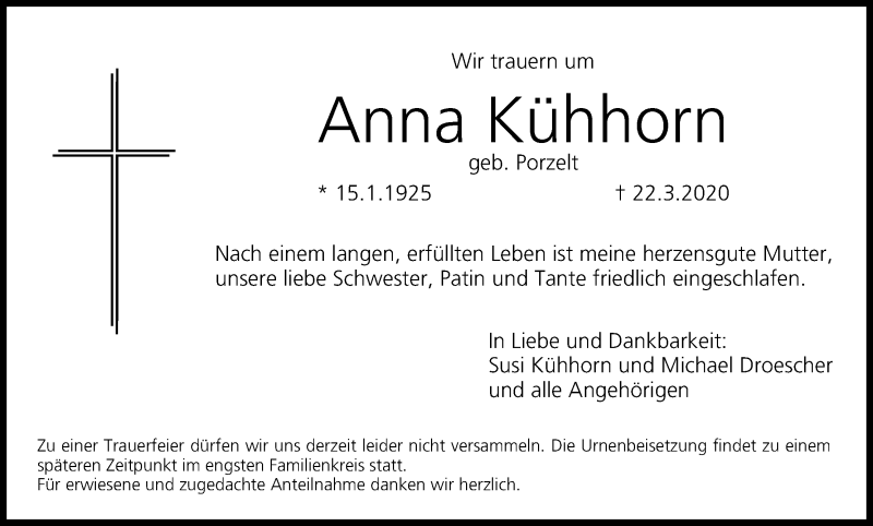  Traueranzeige für Anna Kühhorn vom 28.03.2020 aus MGO
