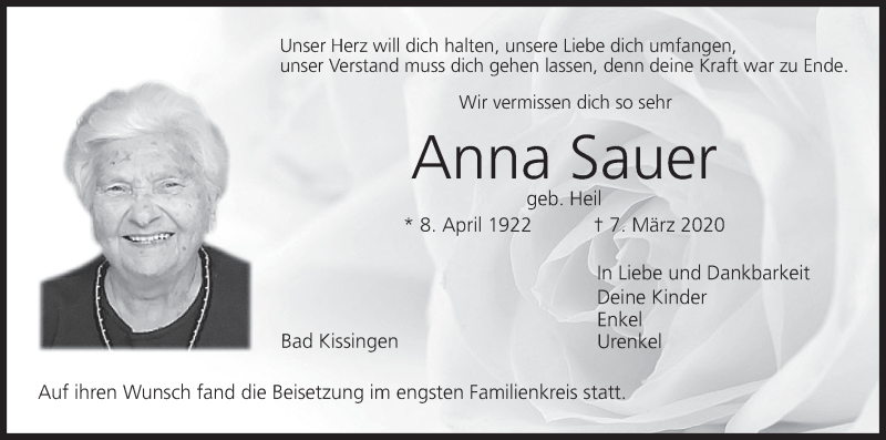  Traueranzeige für Anna Sauer vom 17.03.2020 aus MGO
