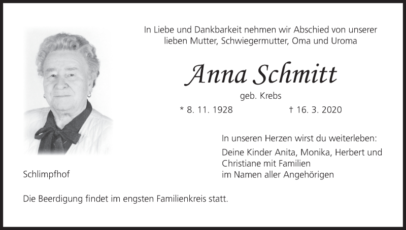  Traueranzeige für Anna Schmitt vom 19.03.2020 aus MGO