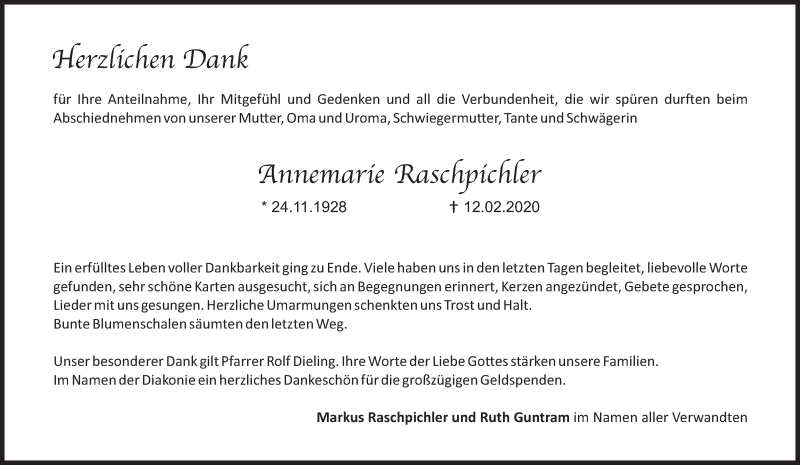 Traueranzeige für Annemarie Raschpichler vom 07.03.2020 aus MGO