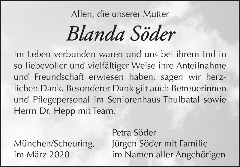  Traueranzeige für Blanda Söder vom 14.03.2020 aus MGO