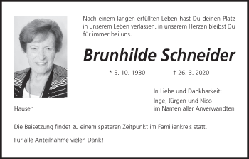Anzeige von Brunhilde Schneider von MGO