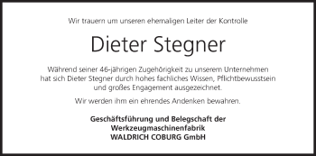Anzeige von Dieter Stegner von MGO