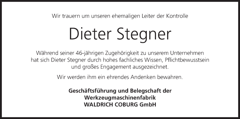  Traueranzeige für Dieter Stegner vom 09.03.2020 aus MGO