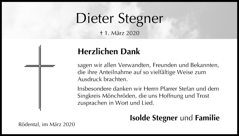  Traueranzeige für Dieter Stegner vom 14.03.2020 aus MGO