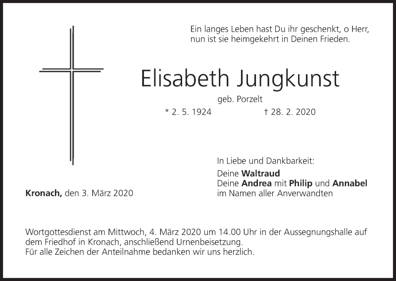  Traueranzeige für Elisabeth Jungkunst vom 03.03.2020 aus MGO