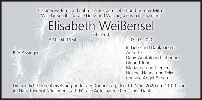 Traueranzeige für Elisabeth Weißensel vom 14.03.2020 aus MGO