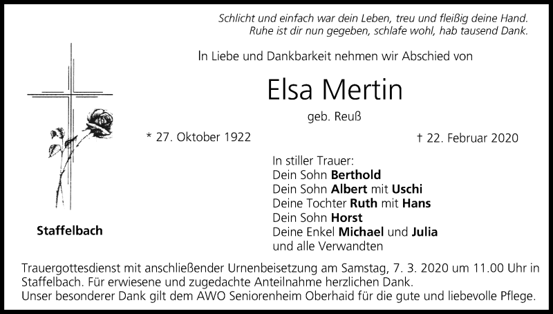  Traueranzeige für Elsa Mertin vom 04.03.2020 aus MGO