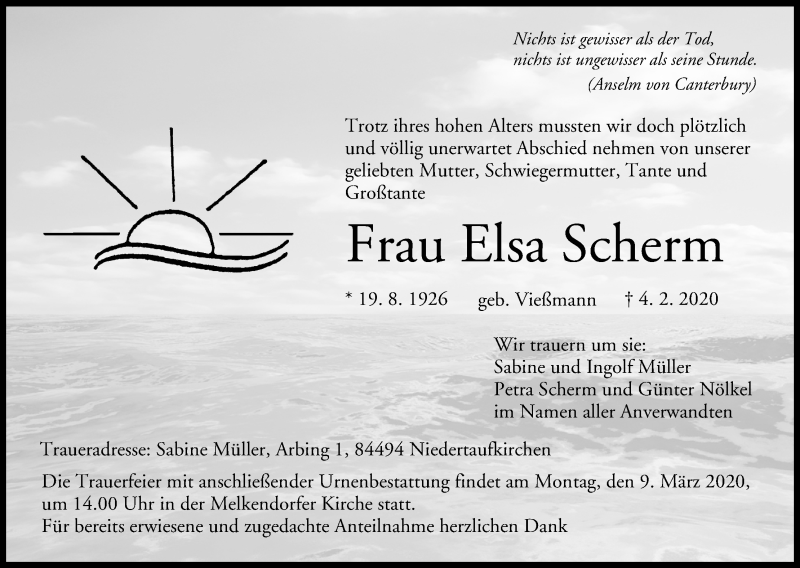  Traueranzeige für Elsa Scherm vom 06.03.2020 aus MGO