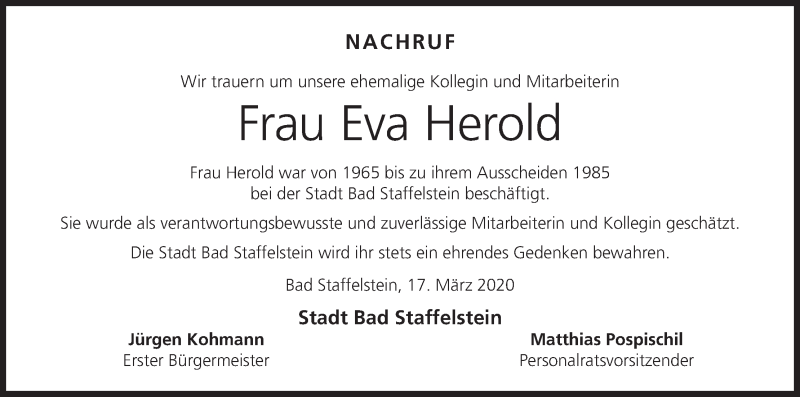  Traueranzeige für Eva Herold vom 18.03.2020 aus MGO
