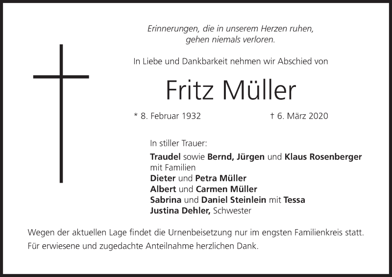  Traueranzeige für Fritz Müller vom 26.03.2020 aus MGO