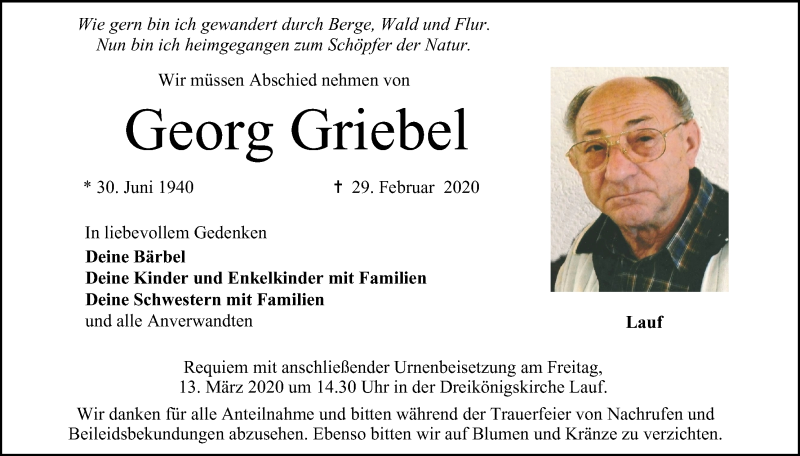  Traueranzeige für Georg Griebel vom 07.03.2020 aus MGO