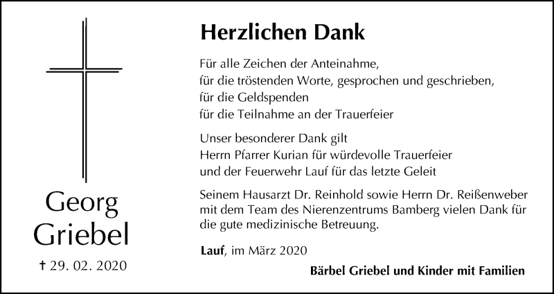  Traueranzeige für Georg Griebel vom 21.03.2020 aus MGO