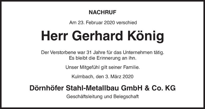  Traueranzeige für Gerhard König vom 04.03.2020 aus MGO