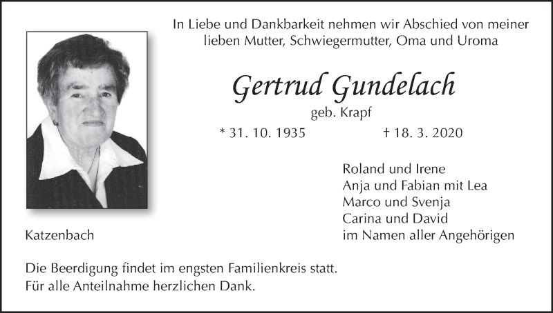  Traueranzeige für Gertrud Gundelach vom 21.03.2020 aus MGO
