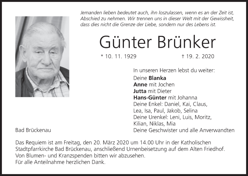  Traueranzeige für Günter Brünker vom 14.03.2020 aus MGO