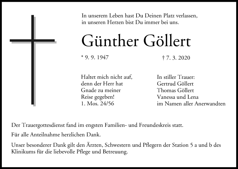  Traueranzeige für Günther Göllert vom 14.03.2020 aus MGO