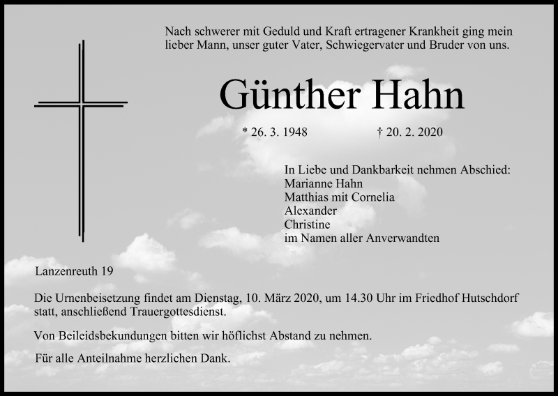  Traueranzeige für Günther Hahn vom 07.03.2020 aus MGO