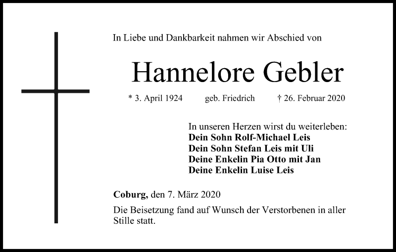  Traueranzeige für Hannelore Gebler vom 07.03.2020 aus MGO