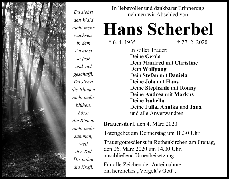  Traueranzeige für Hans Scherbel vom 04.03.2020 aus MGO