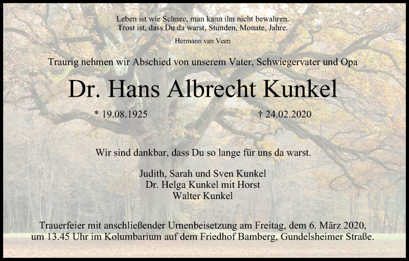  Traueranzeige für Hans Albrecht Kunkel vom 29.02.2020 aus MGO