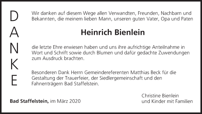  Traueranzeige für Heinrich Bienlein vom 14.03.2020 aus MGO