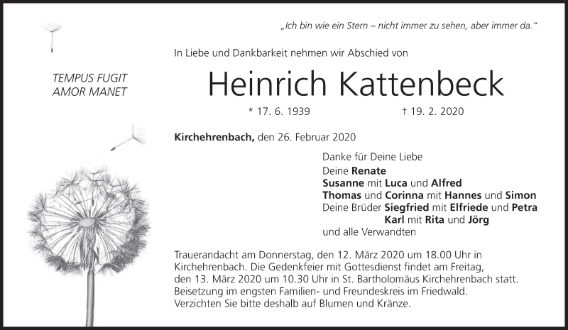  Traueranzeige für Heinrich Kattenbeck vom 29.02.2020 aus MGO